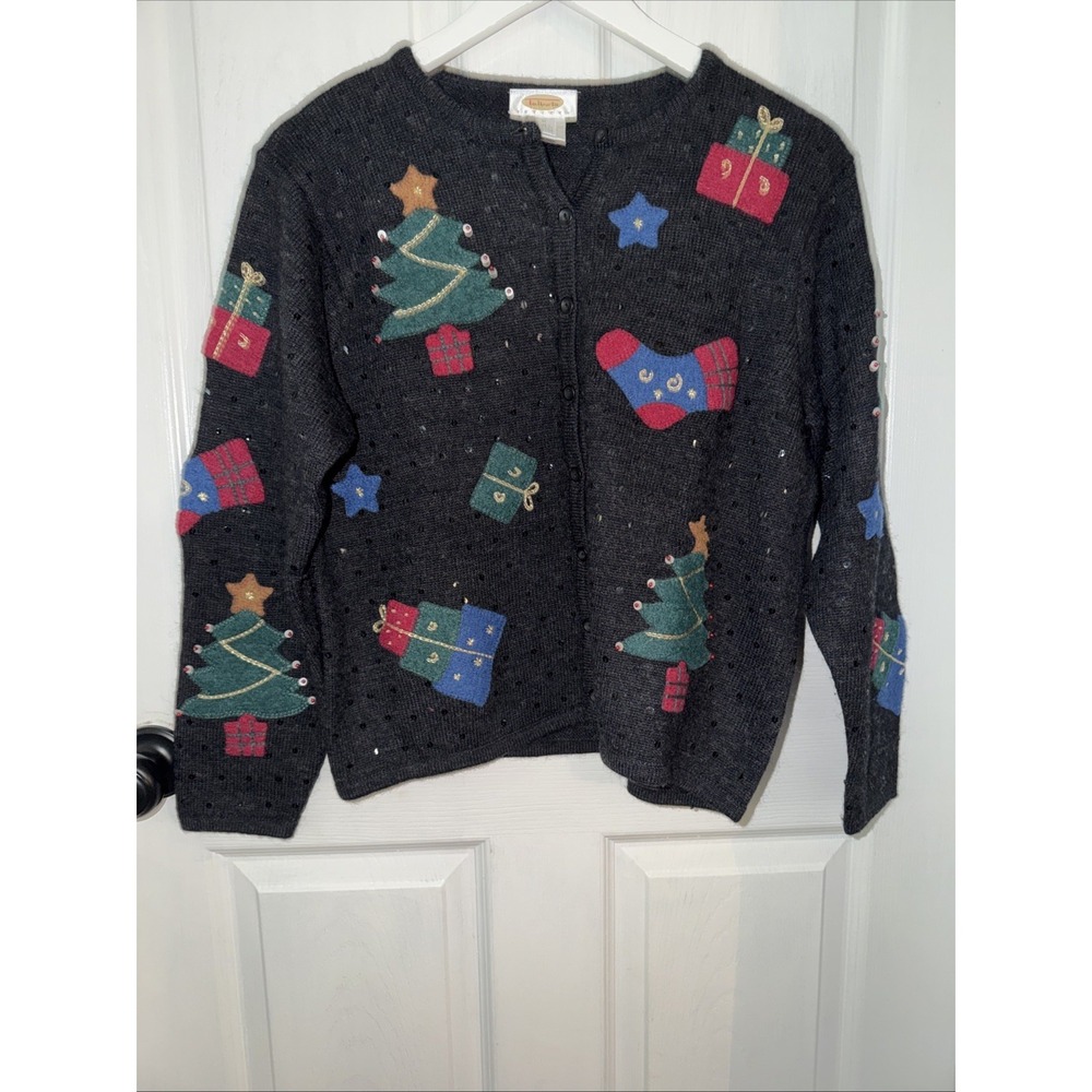 VTG Talbots Christmas Trees Print Wool Sweater Cardigan PM‎ Sequence Appliqué